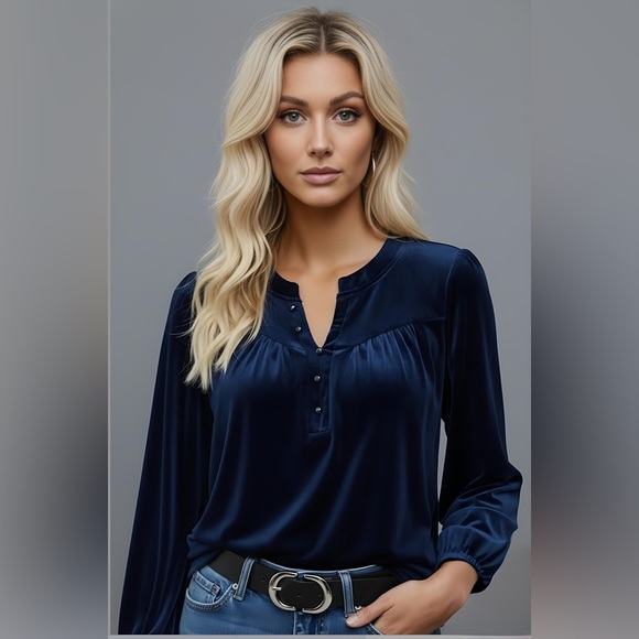 Blue Notched Neckline Lantern Sleeve - Picture 3 of 9